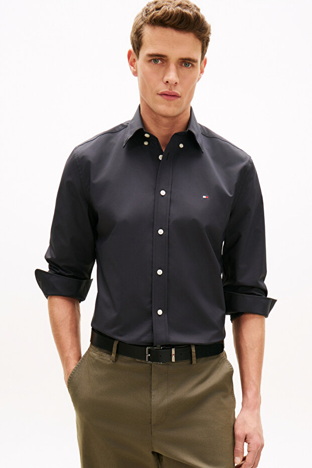 Erkek Poplin Solid Siyah Gömlek - 1