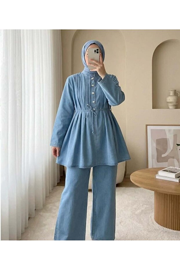 Women's Drawstring Waist Denim Suit Blue