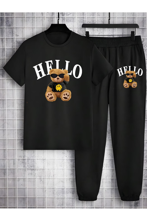 طقم بدلة رياضية HELLO مطبوع كبير الحجم - 1