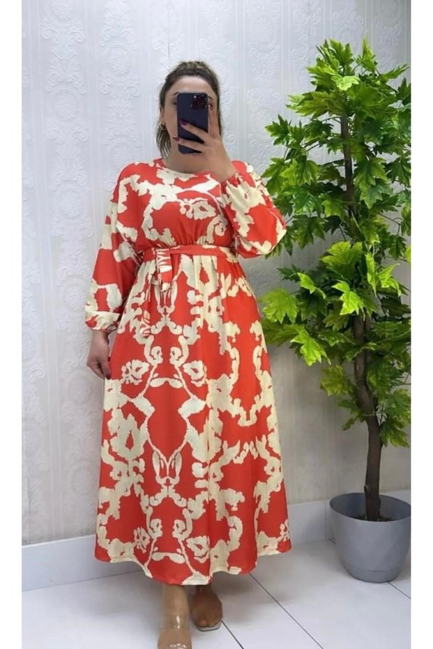 Women's Patterned Bat Sleeve Dress Orange
