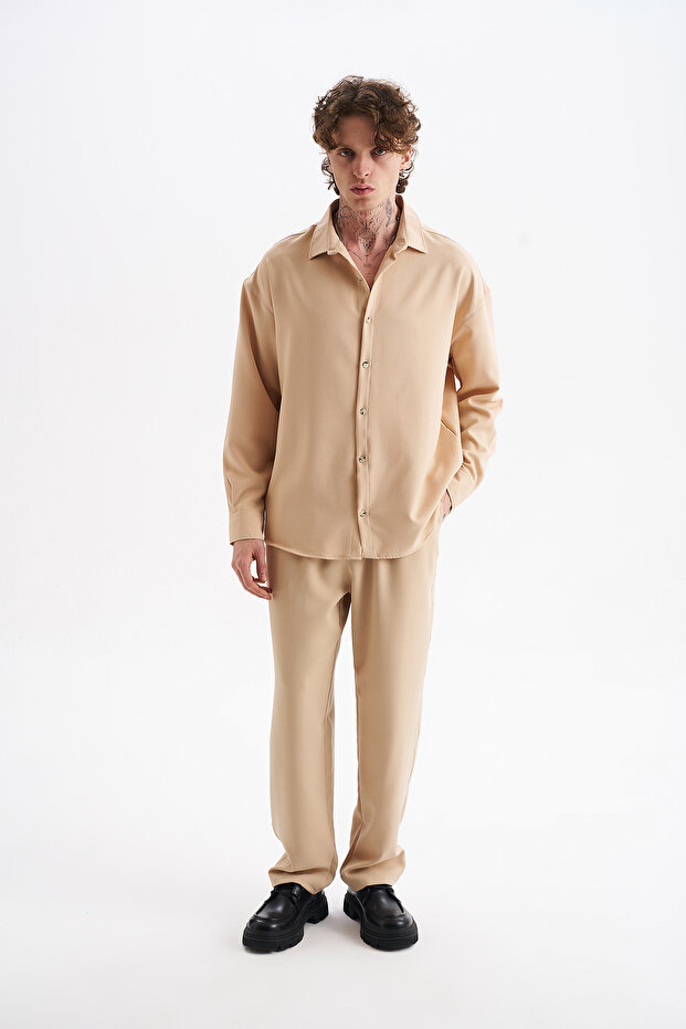 Men's Double Fabric Long Sleeve Shirt and Elastic Waist Pants Set