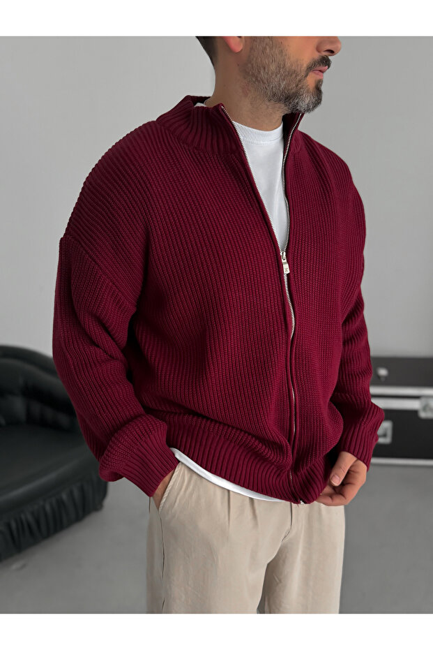 Bordo Fermuarlı Triko Örme Hırka JJ-181 - 4