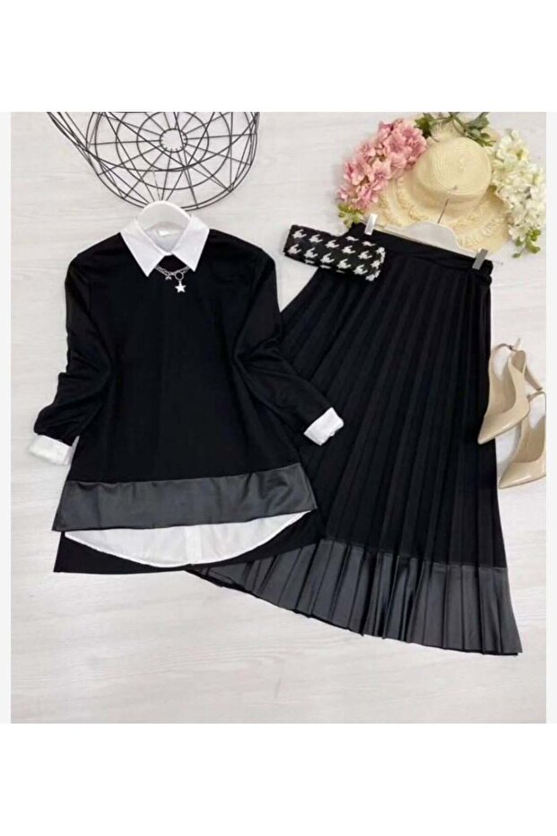 Women's Leather Paneled Skirt Suit Black