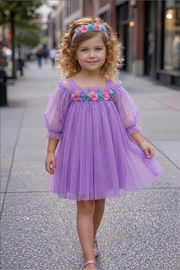 Girl's Balloon Sleeve Tutu Dress Birthday Feast Special Occasion Dress
