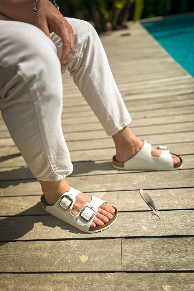 Zrc01 - Summer Premium Buckled Men's Genuine Leather Slipper White