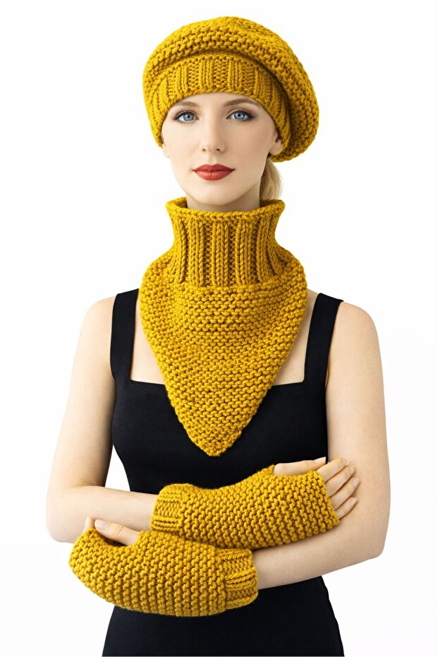 - Emine 9106 8920 Hand Knitted Women's Beanie Neck Collar Gloves 3-Piece Winter Knitting Set - Copper