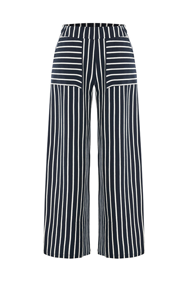 Women's Navy Blue Striped Wide Leg Elastic Waist Pants
