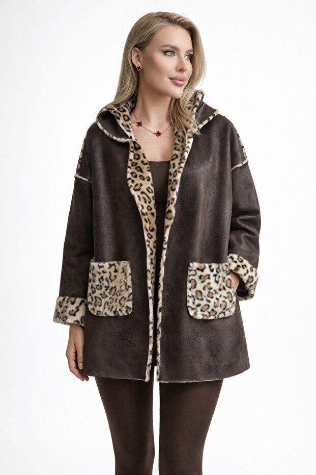 Park Moda Women's Reversible Leopard Pocketed Hooded Nubuck Coat