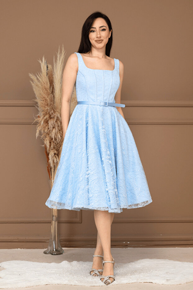 Lace Sequin Balen Detailed Midi Dress - Baby Blue