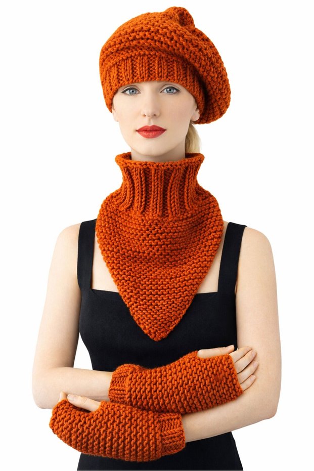 - Emine 9106 8920 Hand Knitted Women's Beanie Neck Collar Gloves 3-Piece Winter Knitting Set - Orange