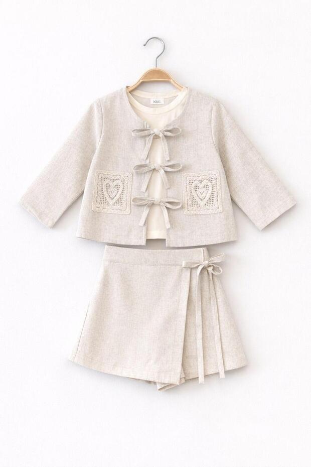 Stylish 3-Piece Set for Girls with Bow Closure Style Shorts and Skirt