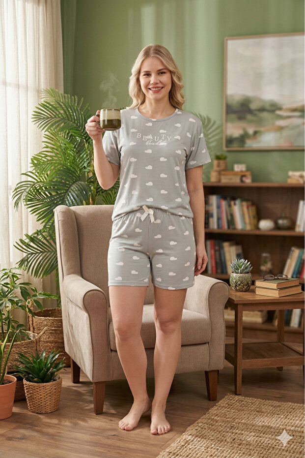 Heart Ribbon Short Sleeve Shorts Pajama Set
