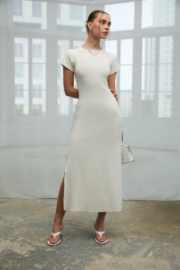 Popart Women's Soft and Stretchy Fabric Long White Dress with Crew Neck and Slit Detail