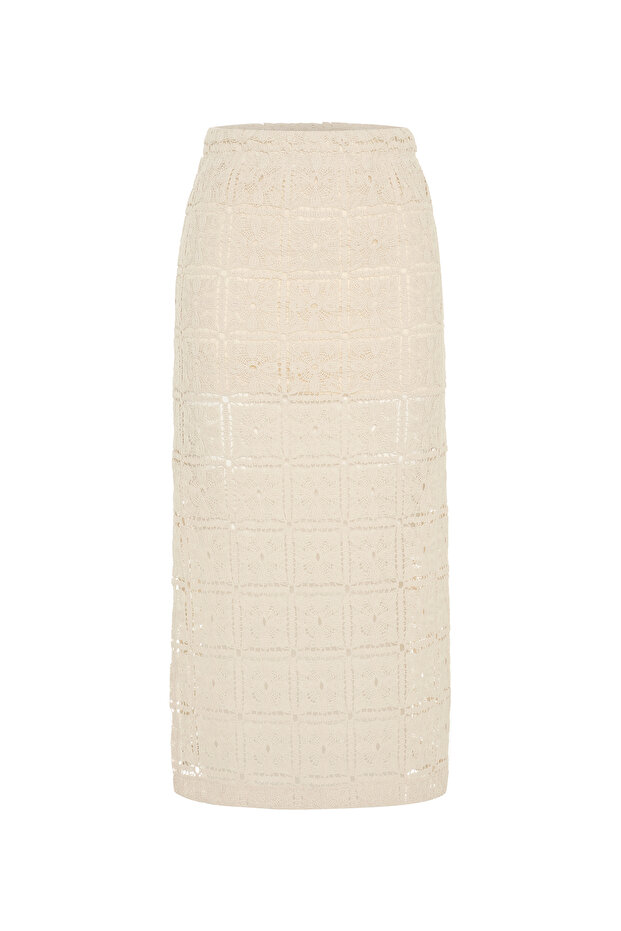 Women's Ecru Elastic Waist Lace Midi Skirt
