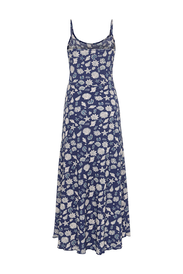 MARİN BASKILI ASKILI MİDİ ELBİSE - 2