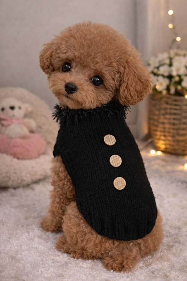 Black Knitted Dog Sweater – Small Breed Dog Clothing with Button Detail