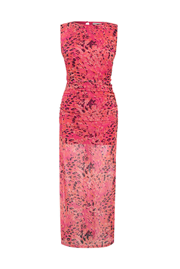 Women's Pink Printed Sleeveless Slim Fit Midi Dress