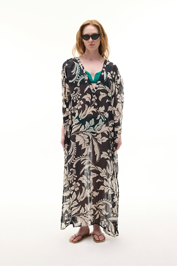Women's Black Printed Oversize Long Dress with Sleeve Detail