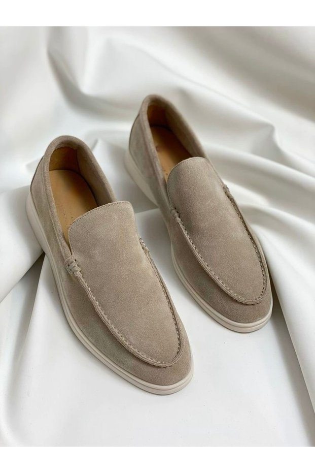 Beige Suede Genuine Leather Women's Moccasin Loafers Shoes