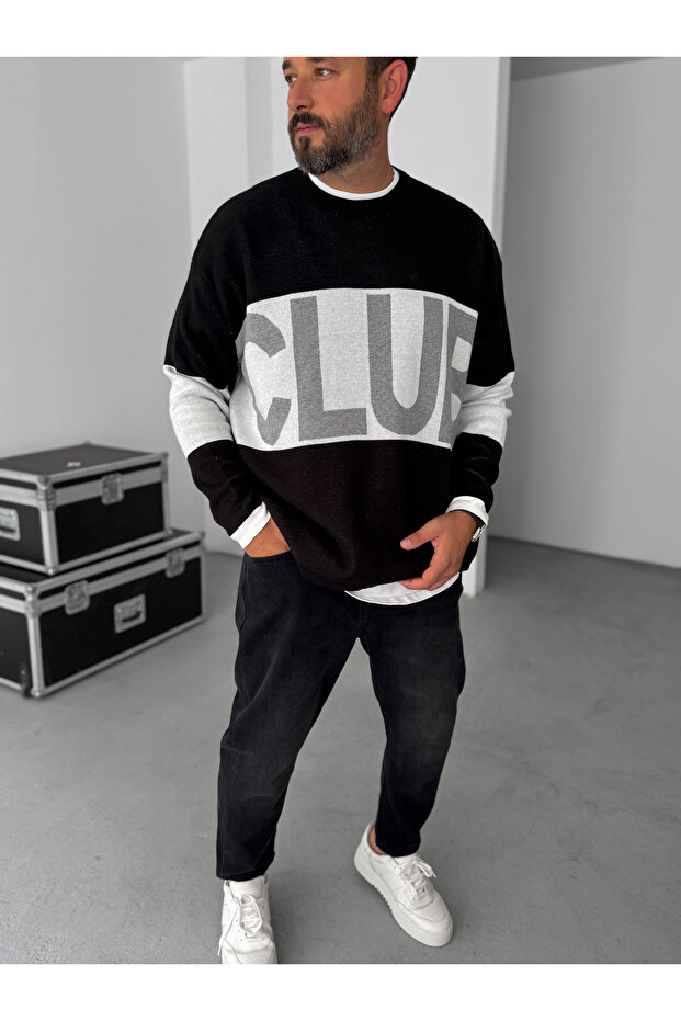 Siyah Club Nakışlı Triko Sweatshirt PM-03 - 2