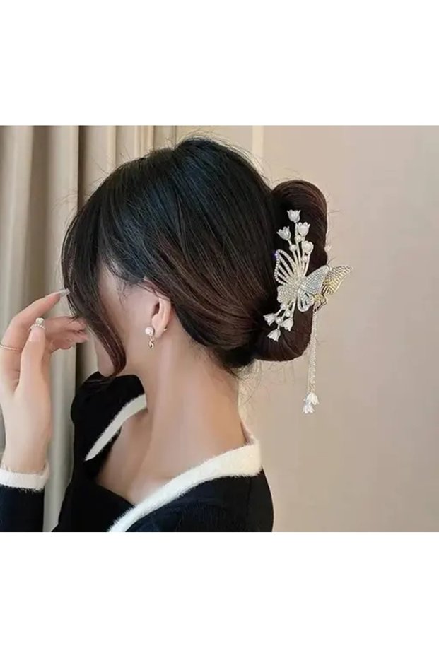 Zircon Stone Butterfly Clasp Buckle Pearl Flower Detailed Gold Women's Hair Clip 11 cm