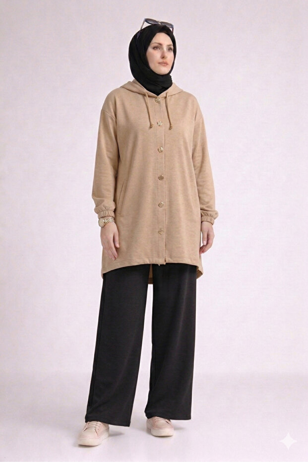 Tesettür Hooded Two Yarn Combed Cotton Ko Compact Ul Sequin Detailed Ov Oversized Por Long Tunic Cardigan