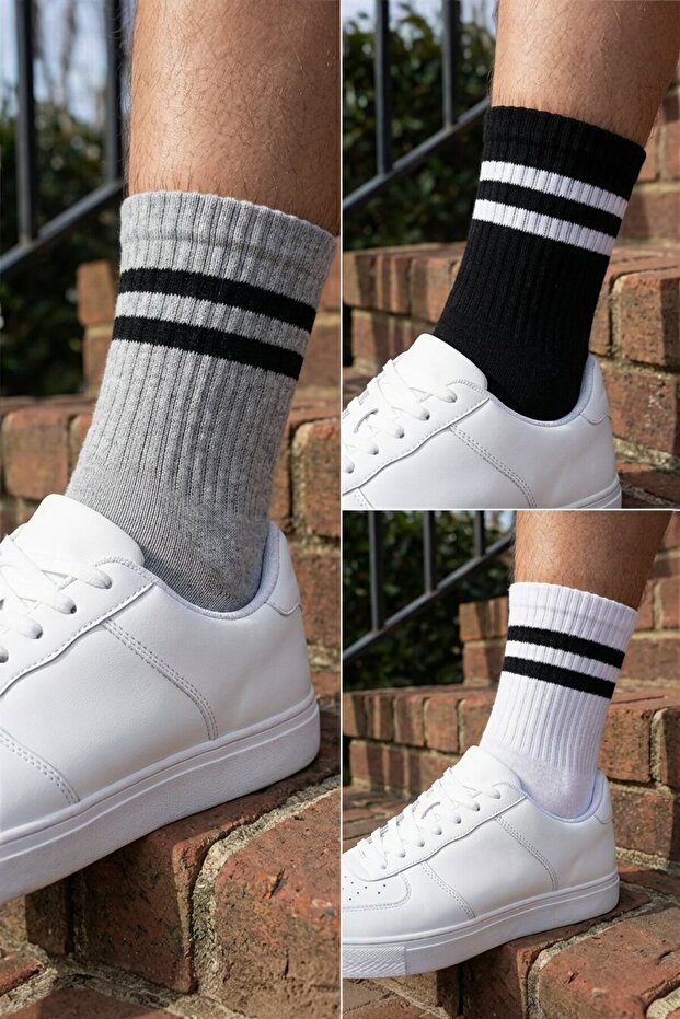 Unisex 3-Pack 90% Cotton Piece Striped College Socks Set - Black - White - Gray