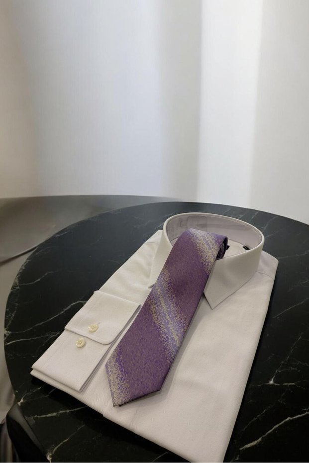 Microfibre 8 cm Striped White-Navy Blue Tie Kr-75