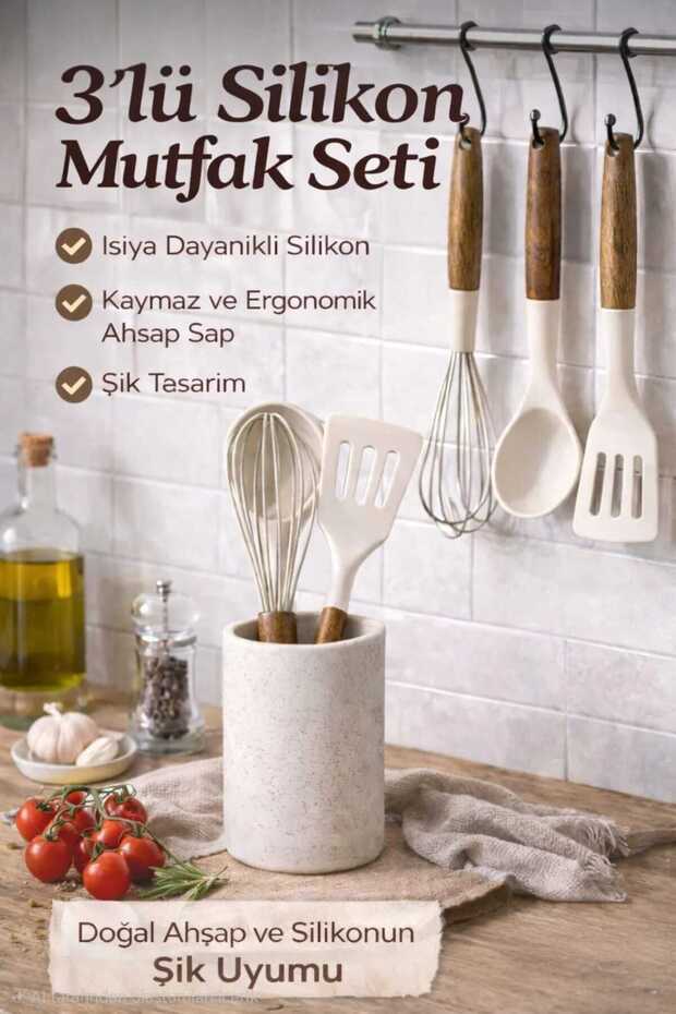 3-Piece Silicone Kitchen Set Wooden Strappy Spatula Spoon Whisk Heat Resistant Non-Scratch Kitchen Utensils