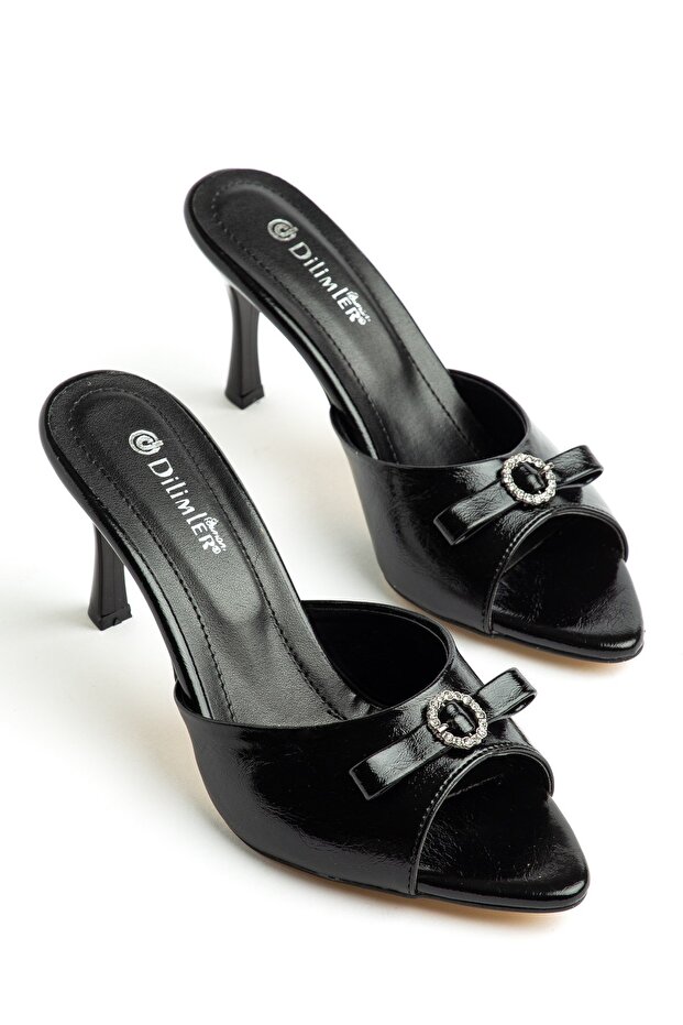 Women's Stiletto Heel U t Slipper Black Shiny Leather Bow Tie