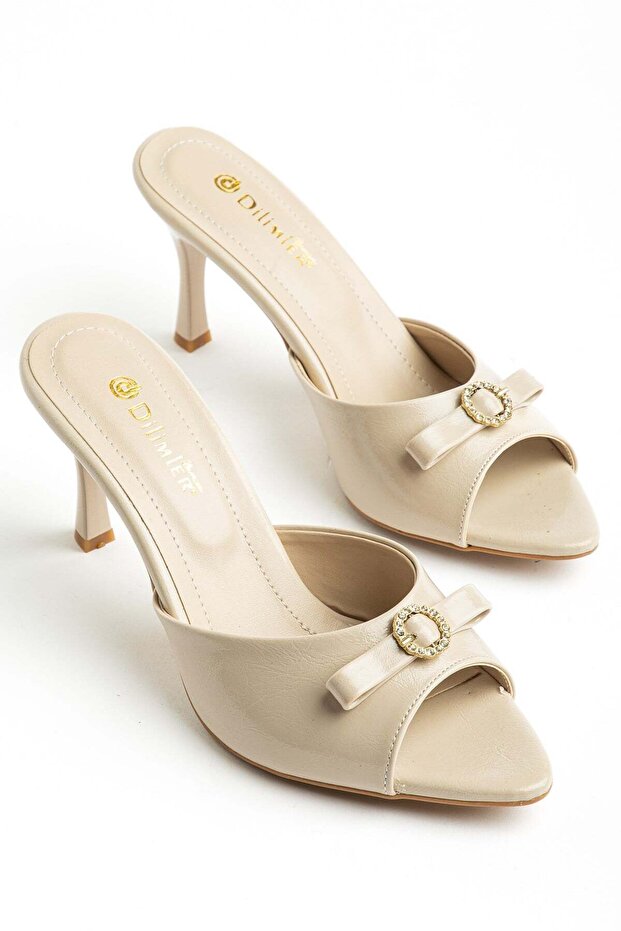 Women's Stiletto Heel U t Slipper Beige Shiny Leather Bow Tie