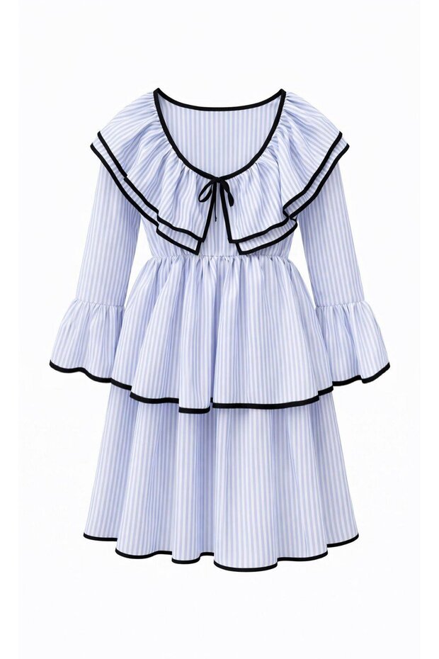 Black Piped Blue Striped Dress