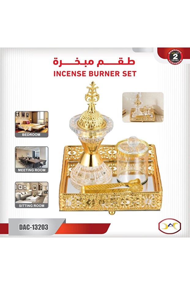 طقم مبخرة كريستال فاخر مع صينية ذهبية اللون-JAC-13203