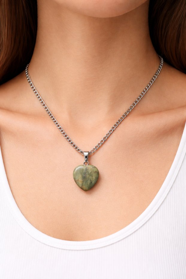 Natural Jade Stone Heart Pendant with Steel Chain, Energy and Luck Stone Jewelry