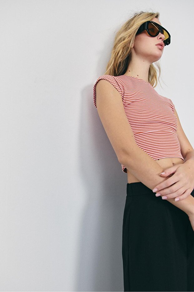 Çizgili mini kollu basic t-shirt - 2