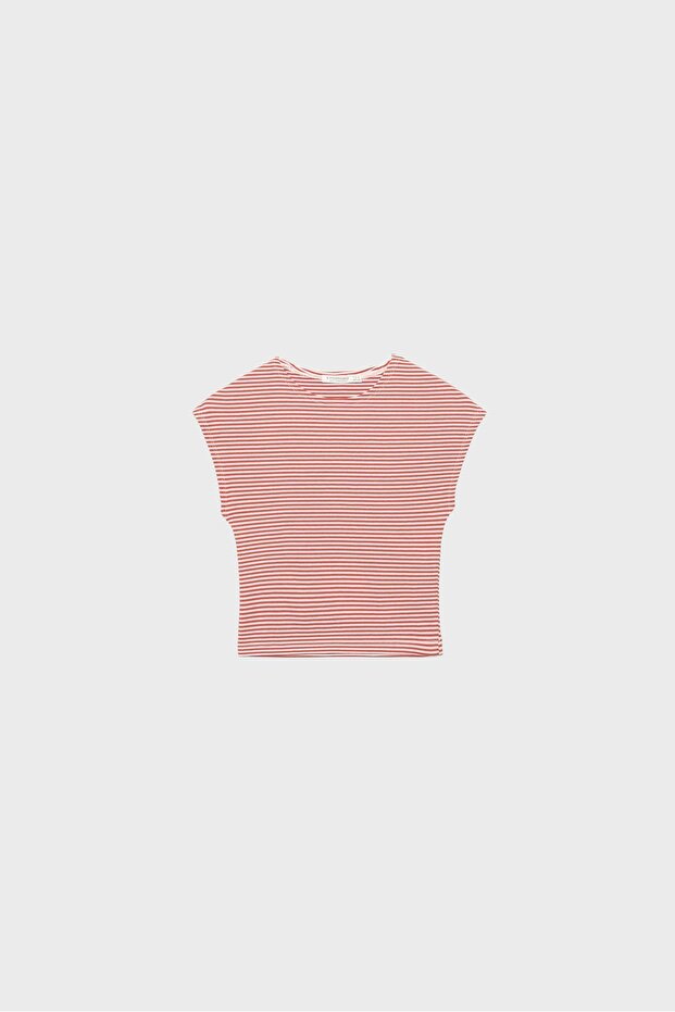 Çizgili mini kollu basic t-shirt - 6