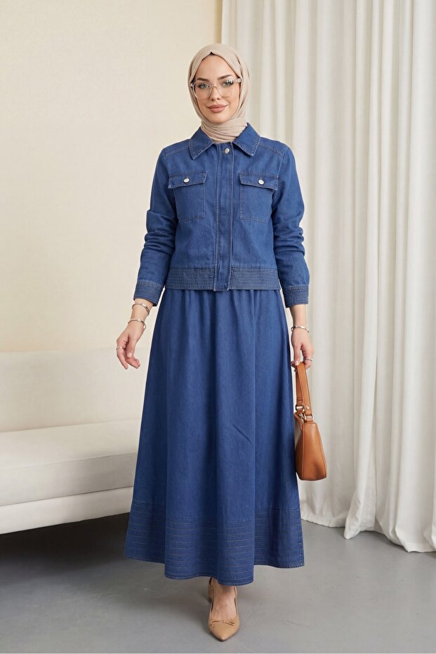 Denim Suit with Invisible Zipper Layered Flared Skirts -Indigo