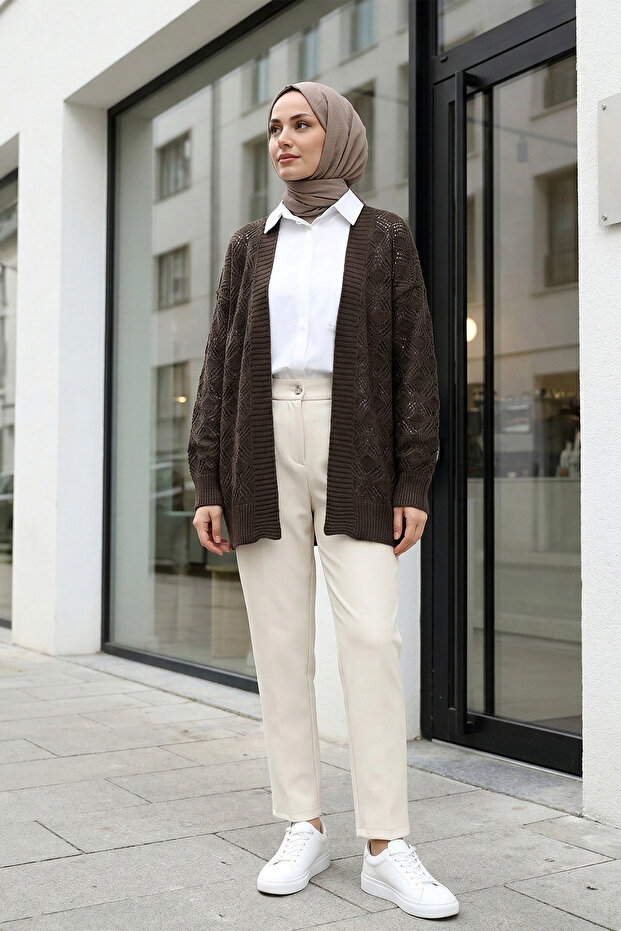Patterned Knitted Sweater Cardigan - Brown - 1