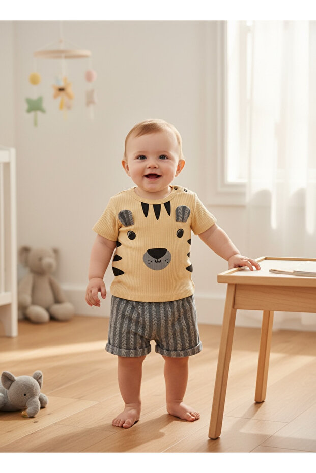 100% Cotton Aslan Printed Beige Baby Boy Set