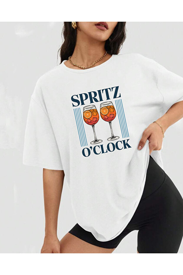 تيشيرت SPRITZ O'CLOCK مطبوع من القطن الممشط برقبة دائرية وأكمام قصيرة مقاس كبير، عبوة من قطن قطع
