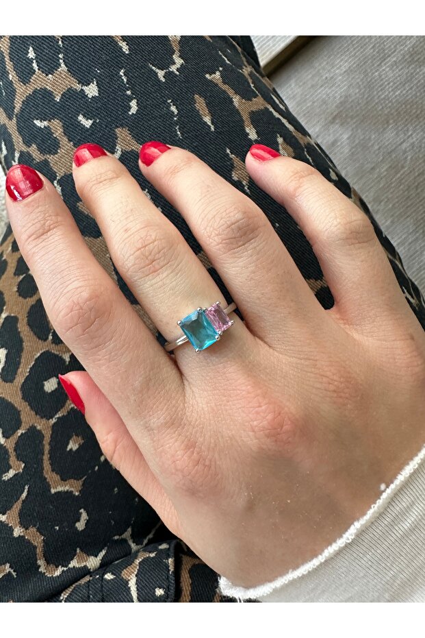 خاتم مستطيل مزدوج باللون الأزرق مع لمسة فضية - 2