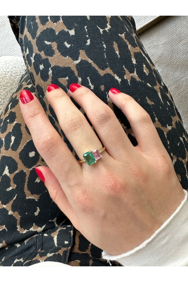 Gold Turquoise Double Rectangular Ring - 1