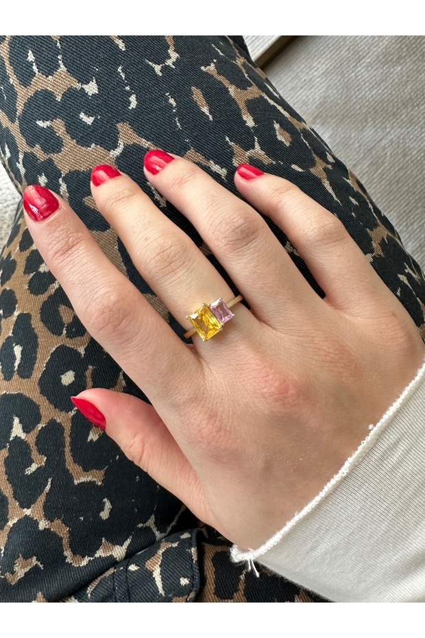 خاتم مستطيل مزدوج باللون الذهبي الأصفر - 1