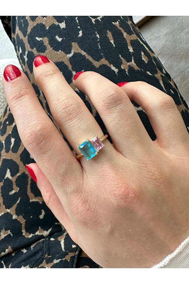 Gold Blue Double Rectangular Ring - 2