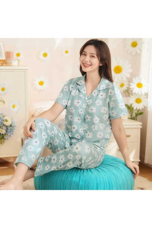 Floral Pattern Shirt Collar Buttons Milan Fabric Soft Women's Pajama Set