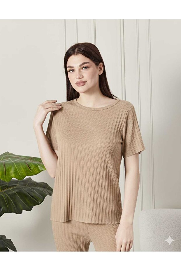 Women's 100% Cotton Lu Corded Fabric Pajama Set - Short Sleeve Ribbed Soft-Textured Loungewear