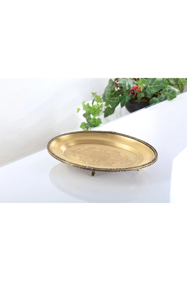 Antique-style inlaid steel oval serving plate - 35 cm