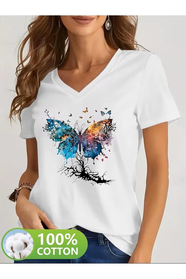 Printed T-Shirt. Short Sleeve V Neck Summer & Spring Casual Top, Women's Clothing