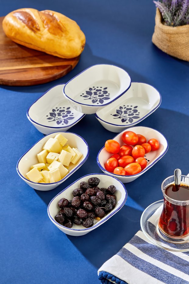Blue Floral Print Ceramic Oval Snack Bowl Set of 6 Breakfast Sauce Bowl Presentation Bowl 13X9 cm