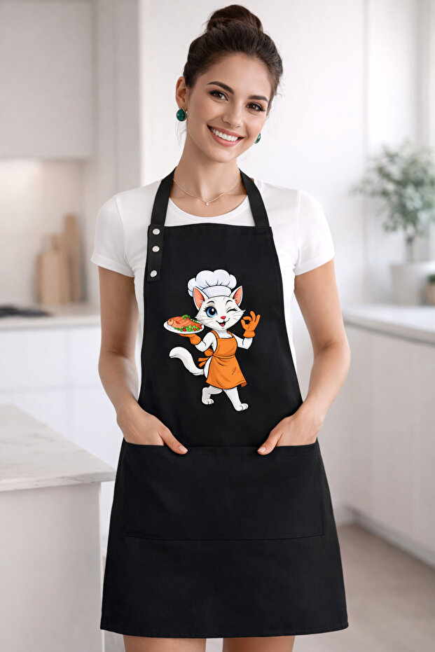 Cat Themed Kitchen Apron Stain-Resistant and Water-Repellent Fabric Adjustable Neck Strap Single Meow Black Apron